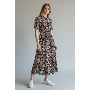 Gilli Shirt Dress Women Medium Black Floral Excellent Short Sleeve Tie Waist